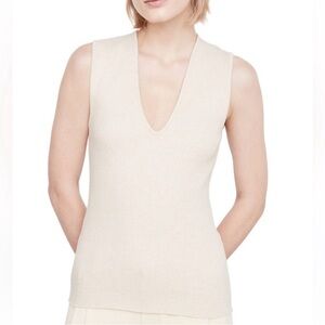 VINCE sleeveless ribbed V-neck cotton blend top size large tan minimalist